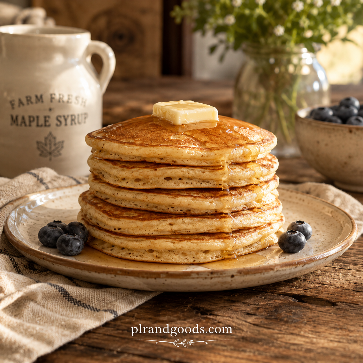 Pancakes/Waffles Sourdough discard pancakes stacked on a farmhouse plate with honey — plrandgoods.com