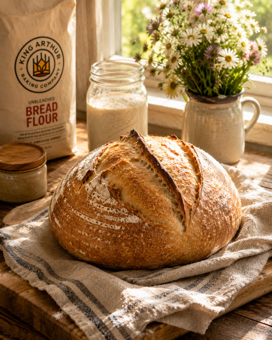 A freshly baked sourdough bread loaf resting on a linen-covered wooden board in a farmhouse kitchen windowsill, illuminated by warm morning sunlight, with a sourdough starter jar, King Arthur Bread Flour, and wildflowers nearby. This beautiful artisan loaf represents the rewarding goal of starting a sourdough starter from scratch.