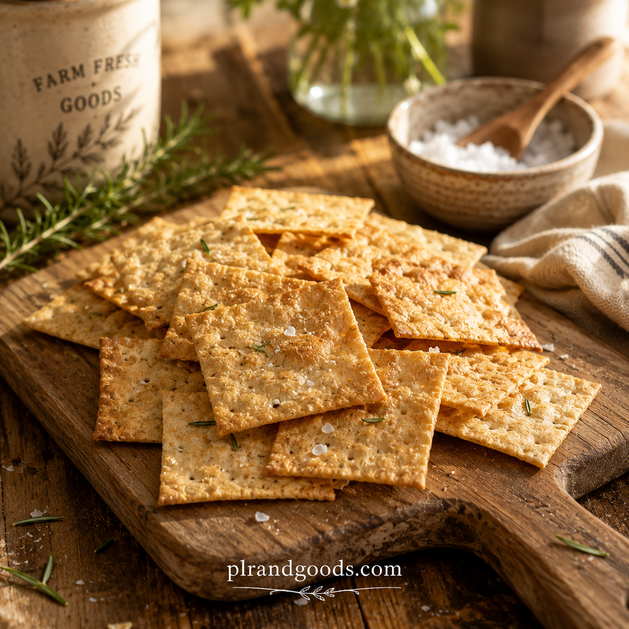 Crackers Sourdough discard crackers on a rustic farmhouse board — plrandgoods.com