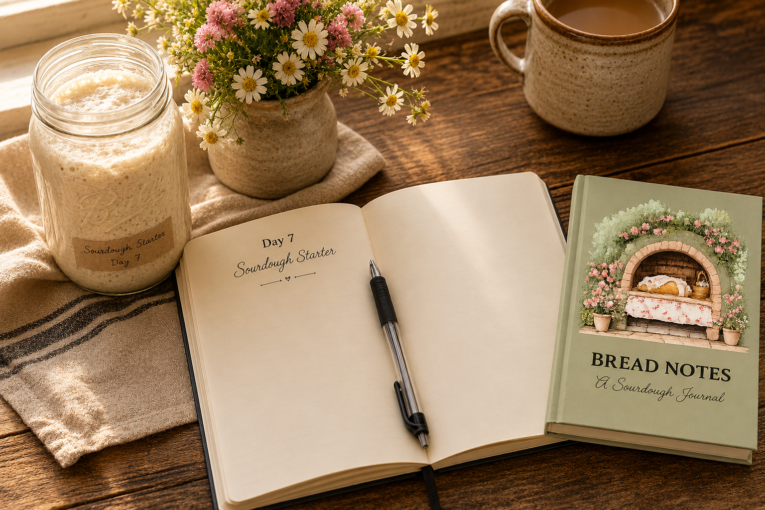 An open sourdough baking journal resting on a rustic farmhouse table beside a bubbly sourdough starter in a Ball mason jar, a pen, fresh wildflowers, and a warm cup of coffee. Golden morning sunlight streams across the scene, capturing the intentional practice of documenting a sourdough journey from starter to finished loaf.