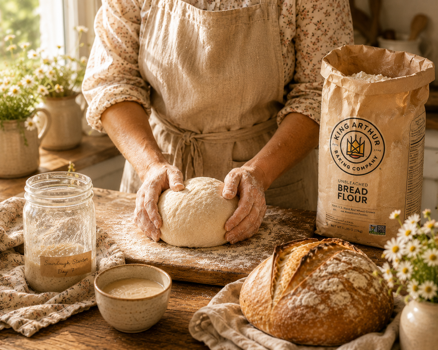Hands gently shaping sourdough dough on a flour-dusted farmhouse kitchen counter, illuminated by warm morning sunlight. Nearby, an open bag of King Arthur Bread Flour, a partially used Ball mason jar of sourdough starter with about one cup removed for baking, a finished artisan sourdough loaf, and simple wildflowers create a welcoming scene that celebrates the beauty of homemade bread and gathering around the table.