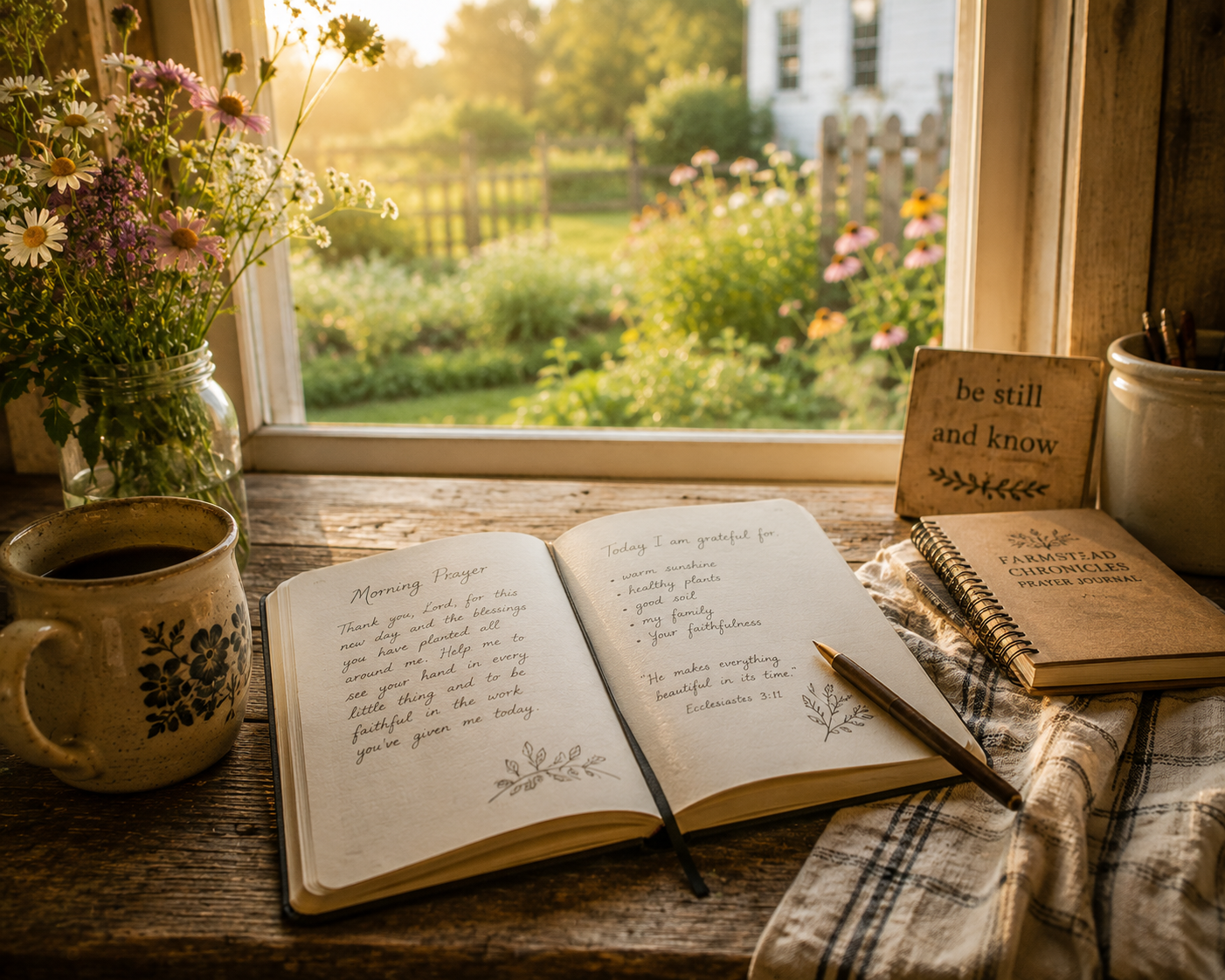 Daily Homestead Prayer Journal open on farmhouse table for trusting God's timing