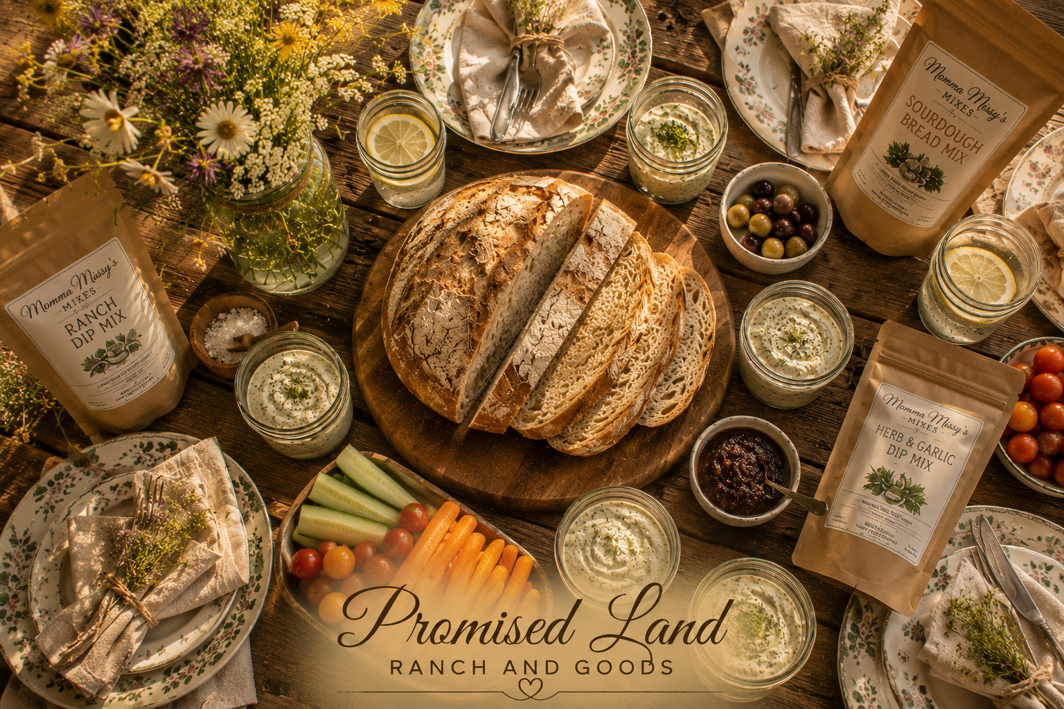 farmstead table ministry overhead spread sourdough dip vegetables faith