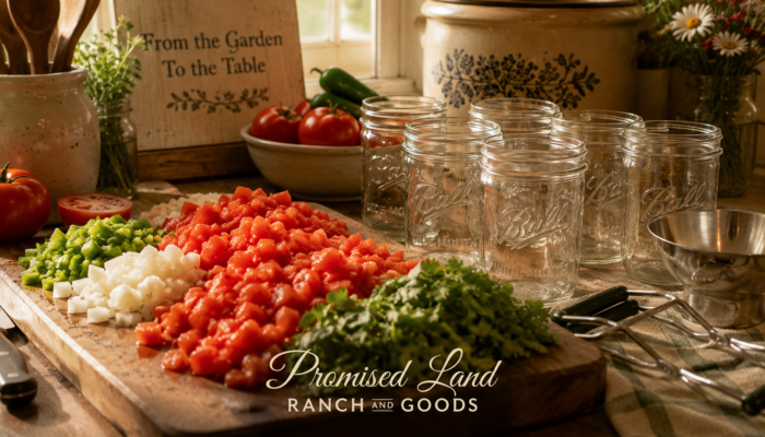 homemade salsa for canning farm fresh tomatoes farmstead kitchen Promised Land Ranch