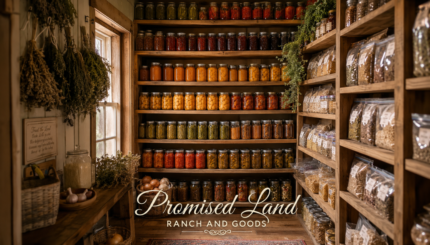 stock your pantry full shelves mason jars preserved food Promised Land Ranch