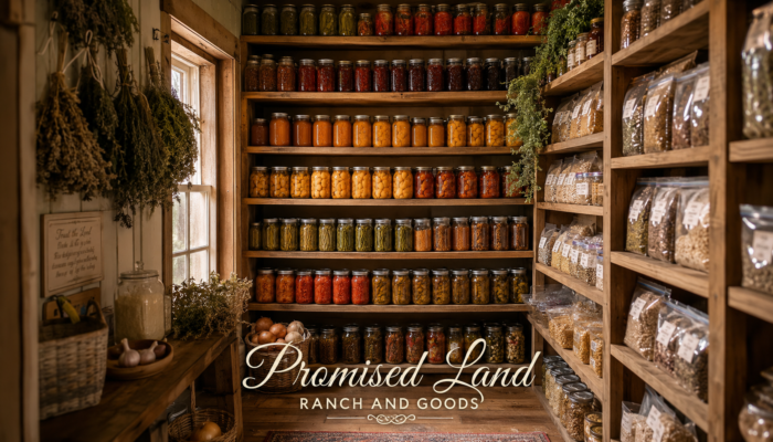 stock your pantry full shelves mason jars preserved food Promised Land Ranch