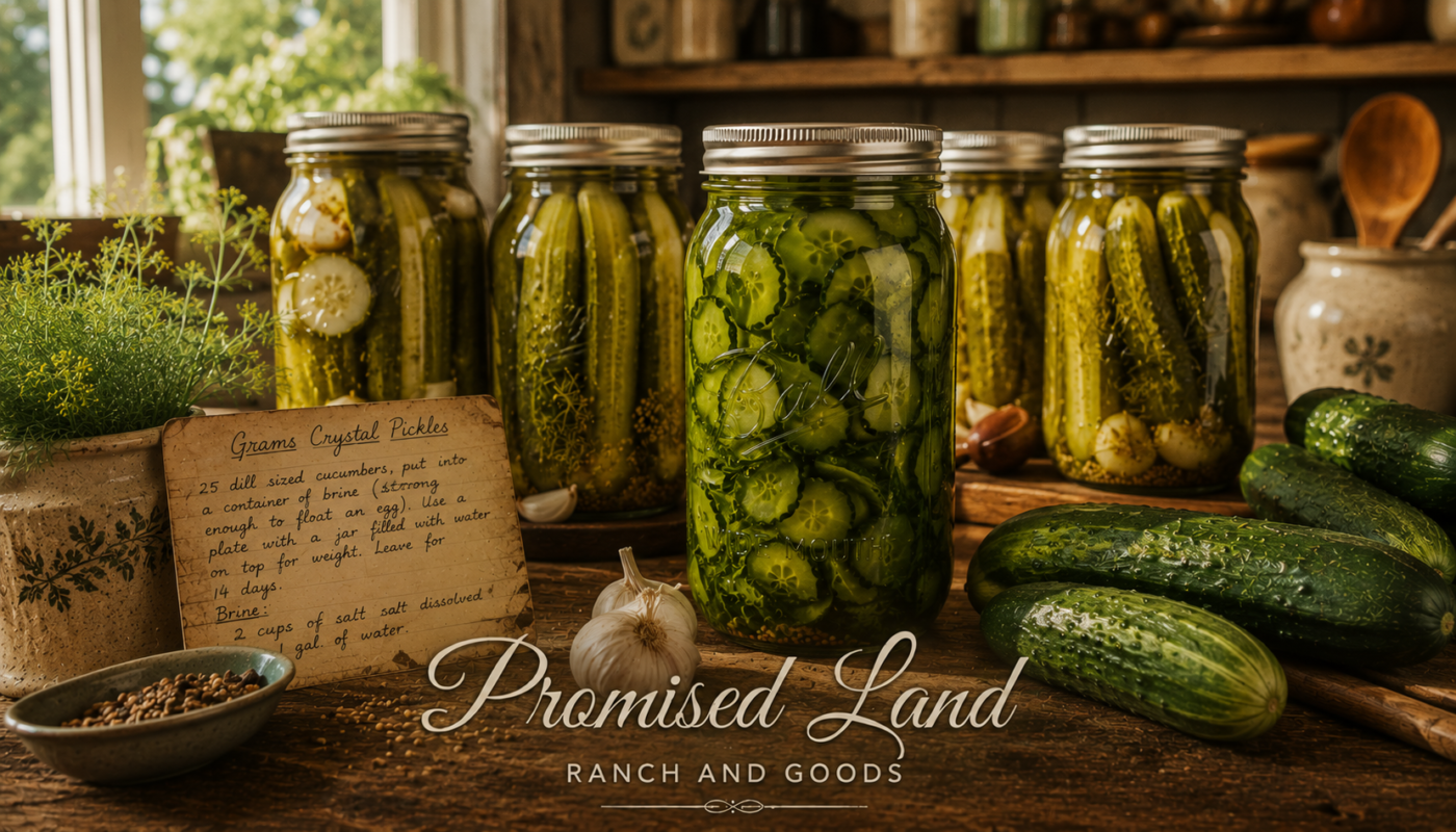 homemade pickles from scratch crystal pickles mason jars farmstead kitchen Promised Land Ranch
