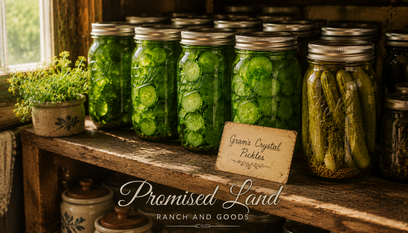 homemade pickles from scratch Gram's crystal pickles jewel green jars sealed farmstead pantry