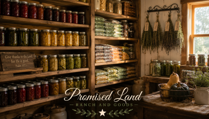 laid up in store farmstead pantry full shelves mason jars trust God Promised Land Ranch