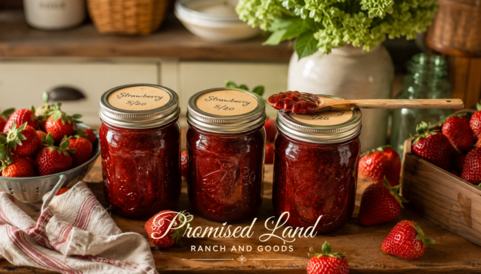homemade strawberry jam recipe mason jars fresh strawberries farmstead kitchen Promised Land Ranch