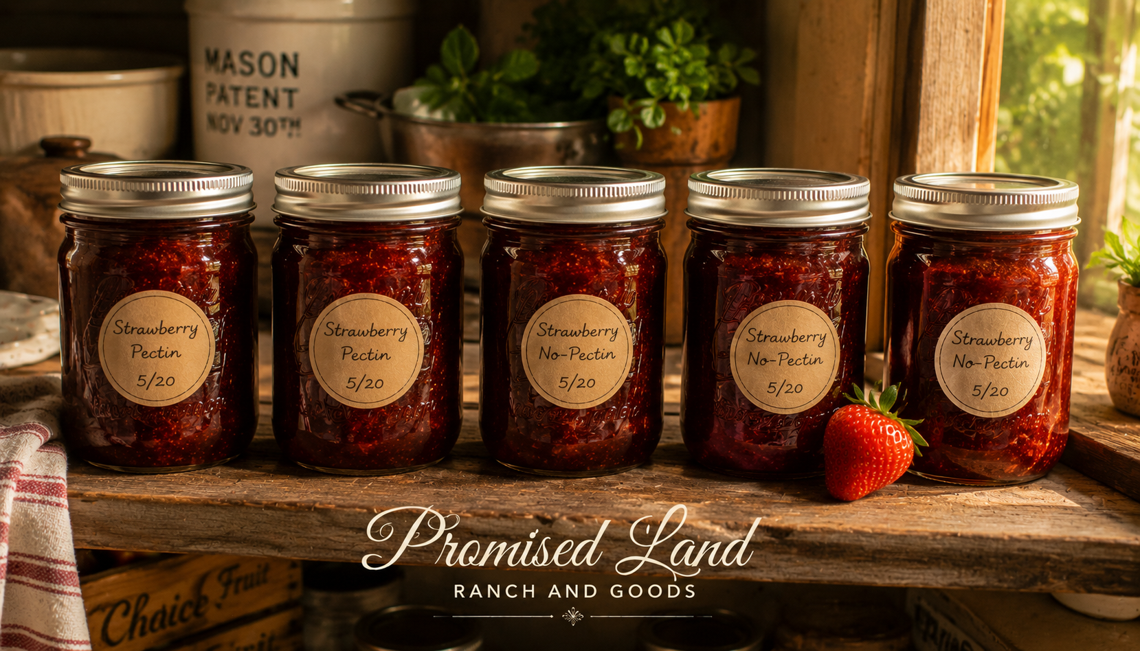 homemade strawberry jam recipe farmstead pantry shelf sealed jars summer harvest