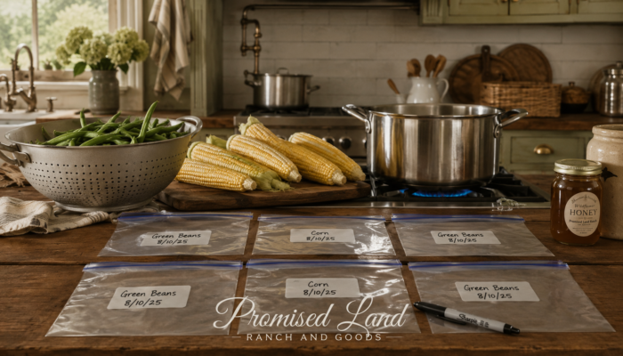 freezing vegetables from the garden farmstead kitchen bags containers Promised Land Ranch