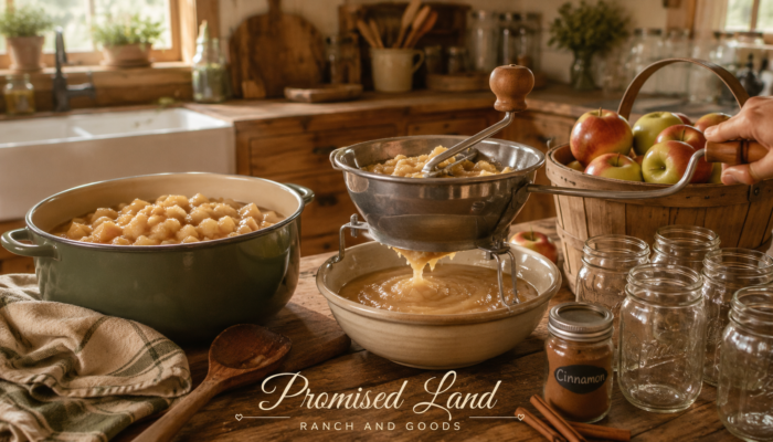homemade applesauce from scratch food mill apples farmstead kitchen Promised Land Ranch