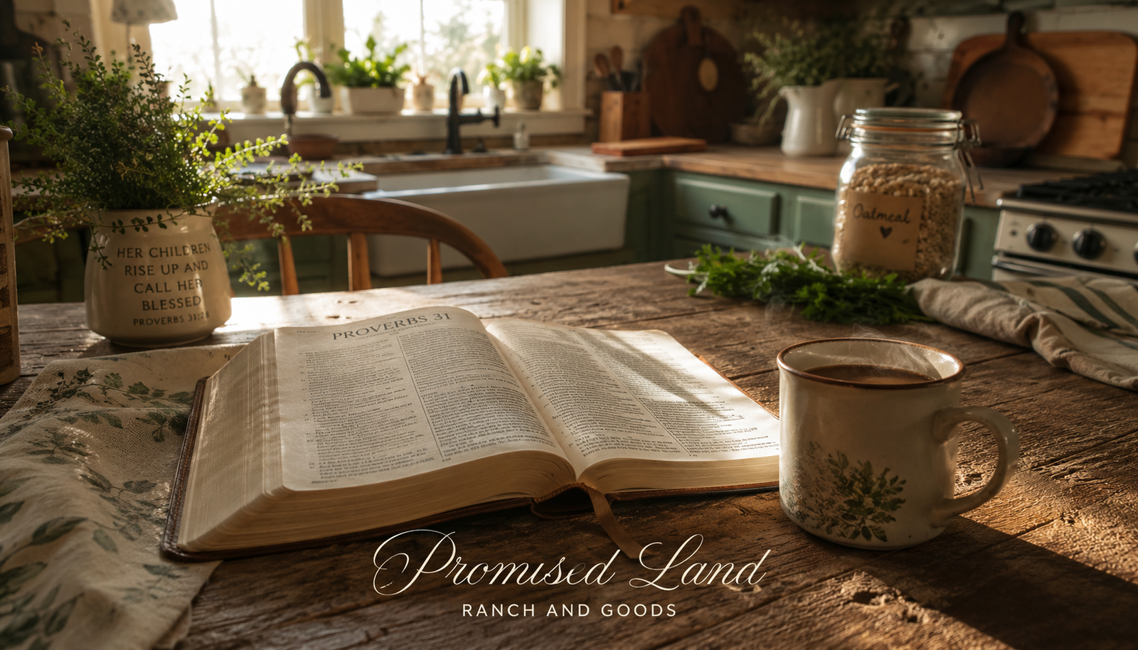 Proverbs 31 farmstead woman Bible open kitchen faithful preparation morning