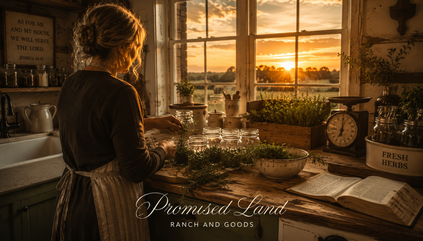 Proverbs 31 farmstead woman faithful kitchen preparing tuned in to God Promised Land Ranch