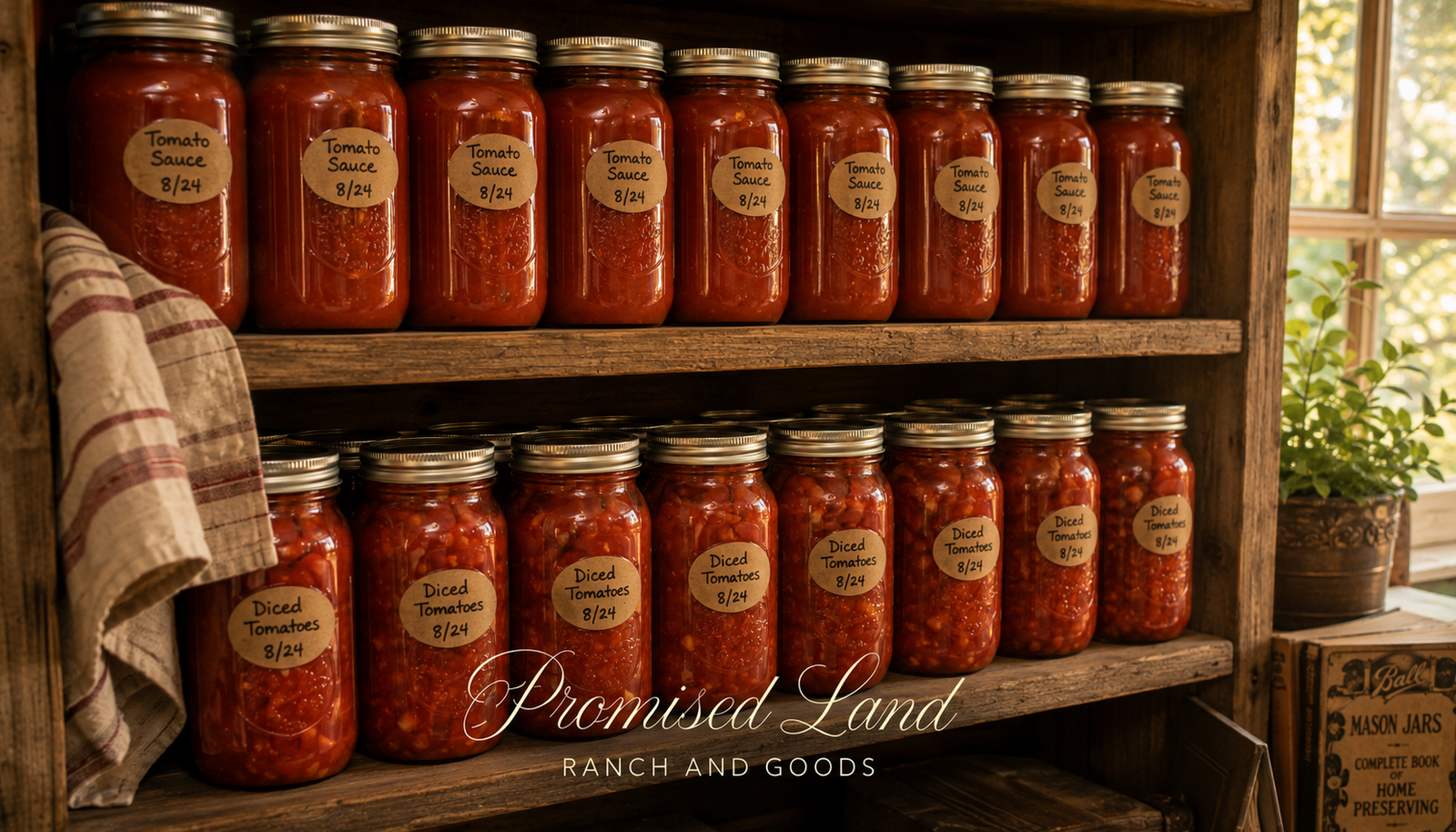 homemade tomato sauce for canning diced tomatoes sealed jars farmstead pantry shelf
