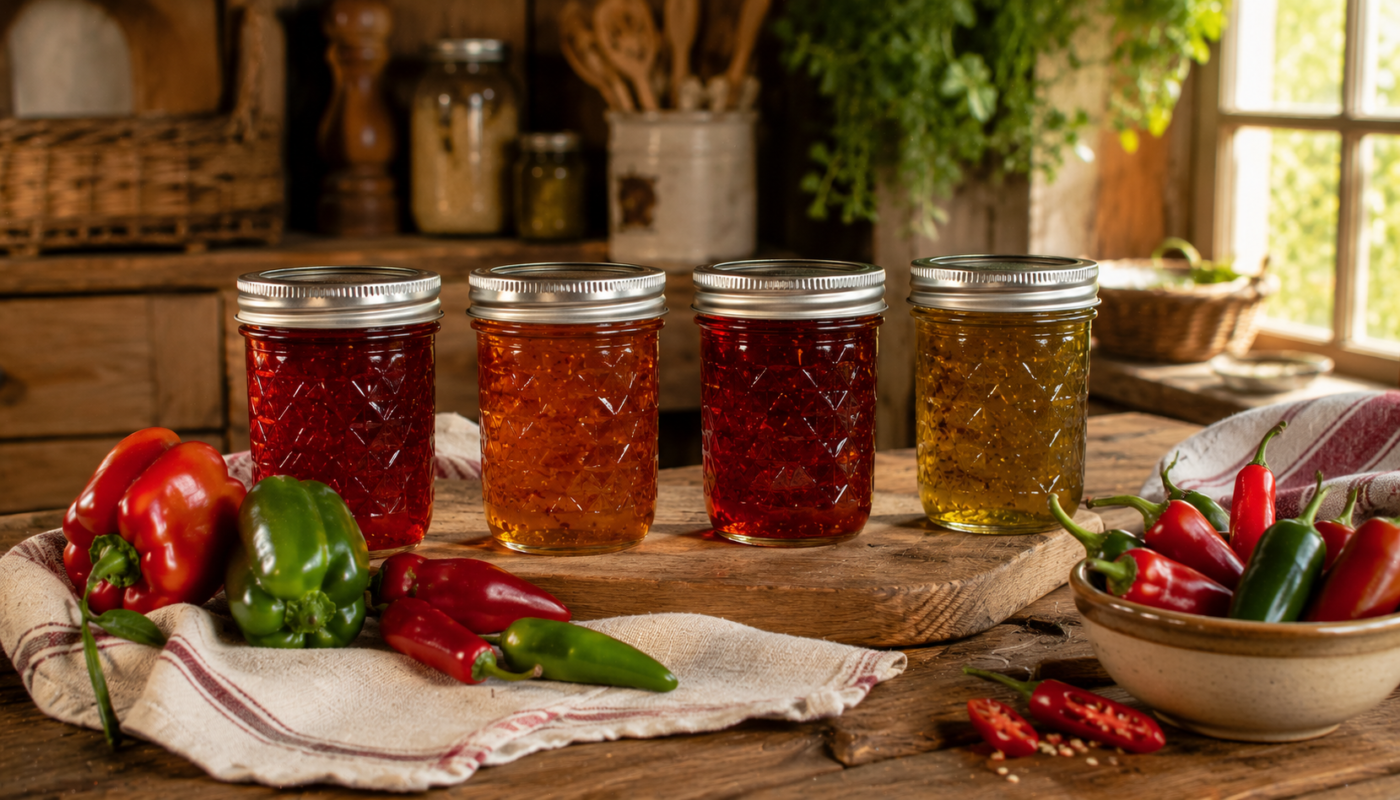 Homemade pepper jelly in four canning jars on a rustic farmstead kitchen table