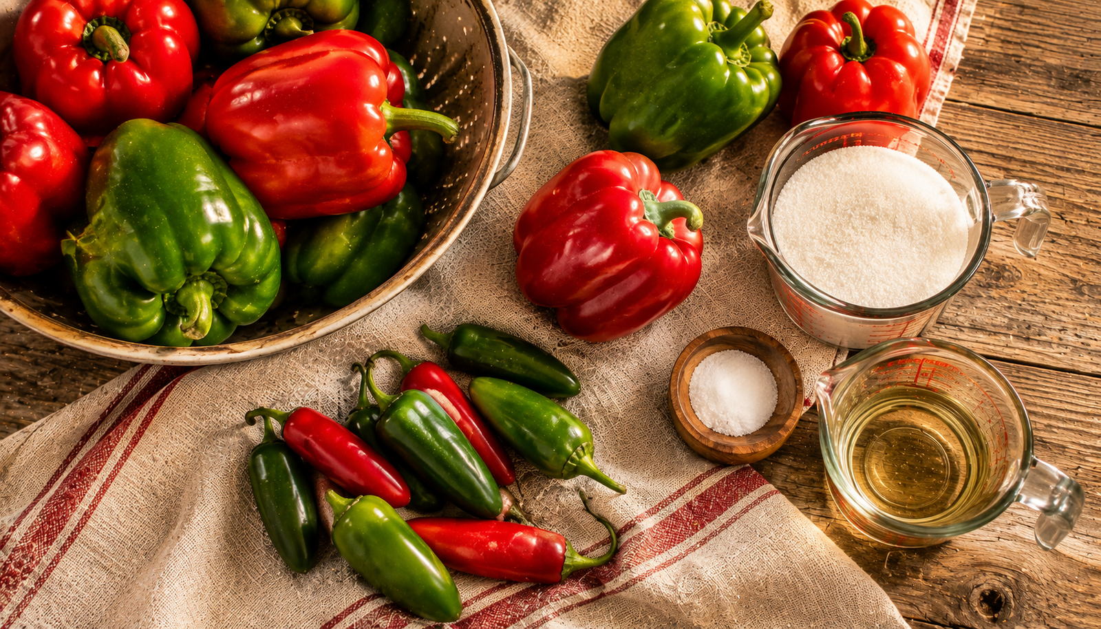Ingredients for homemade pepper jelly including fresh peppers, sugar, and vinegar on a farmstead kitchen counter
