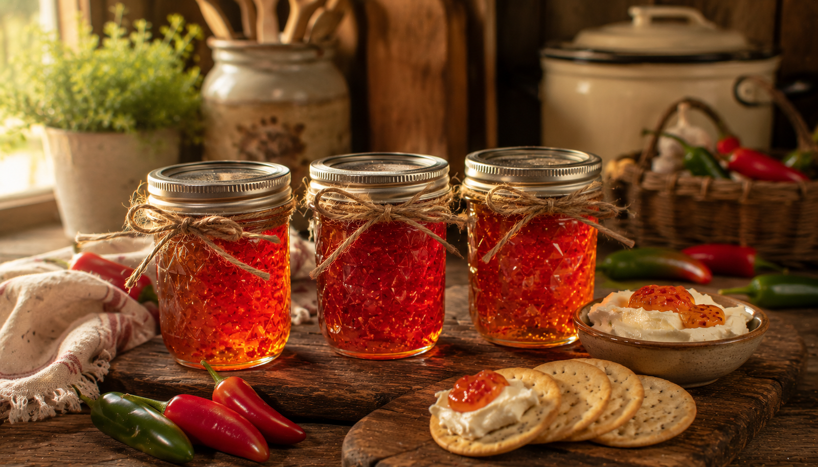 Homemade pepper jelly jars ready for gifting beside cream cheese and crackers on a farmstead table