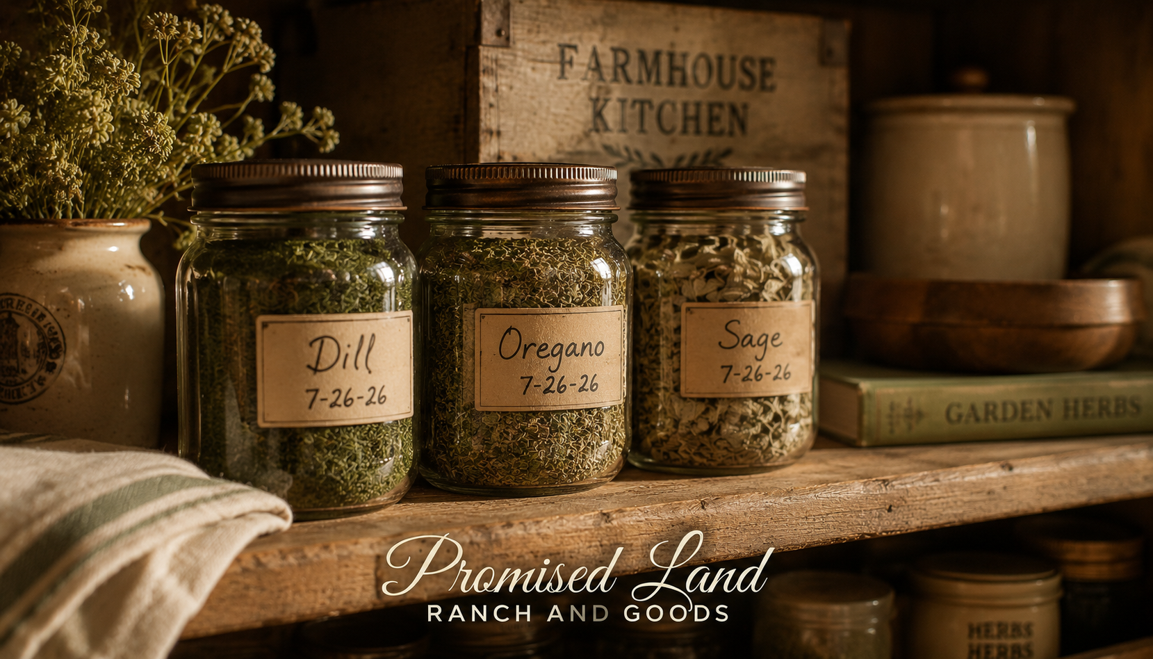 how to dehydrate herbs at home finished dried herbs small glass jars labeled farmstead pantry