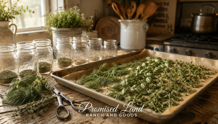 how to dehydrate herbs at home oven method farmstead kitchen summer harvest Promised Land Ranch
